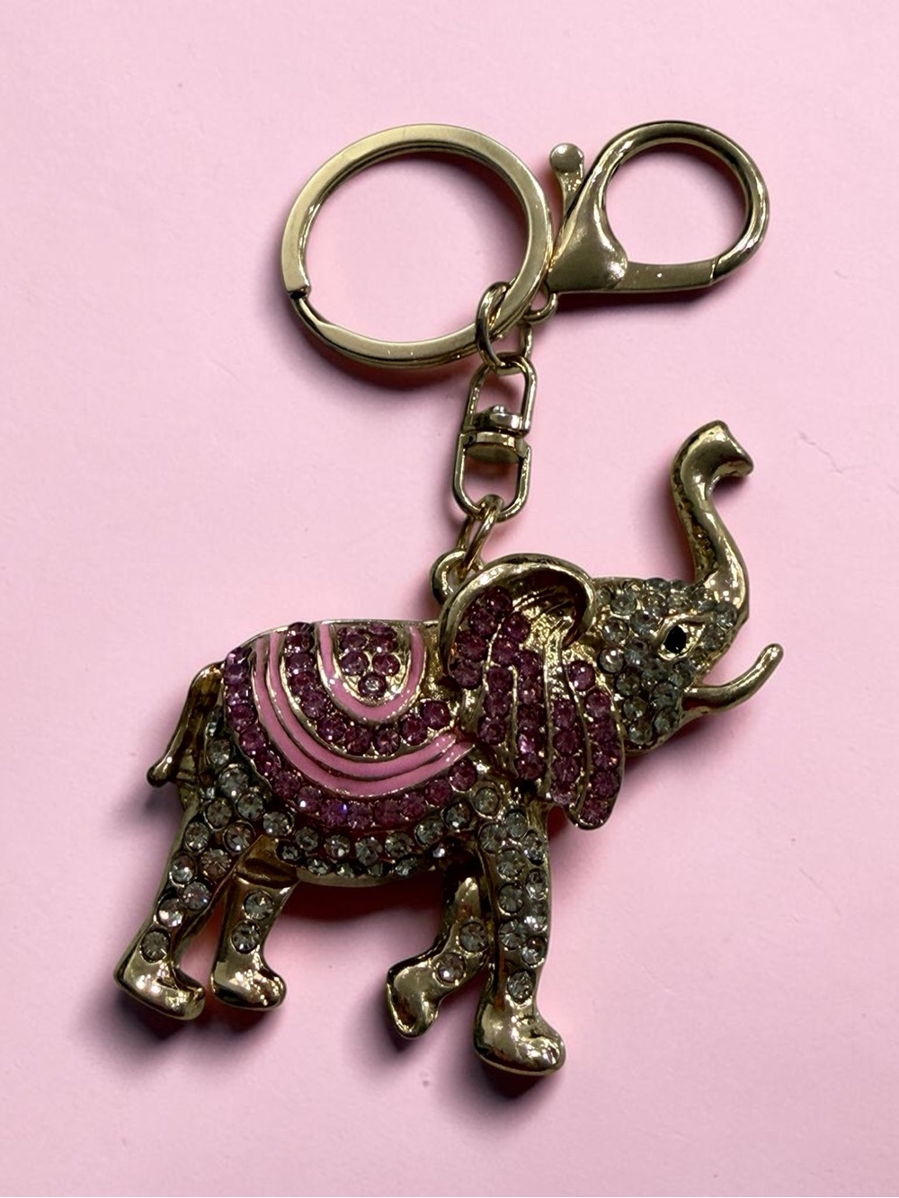 Gold Elephant Keychain with Pink Crystal Accents